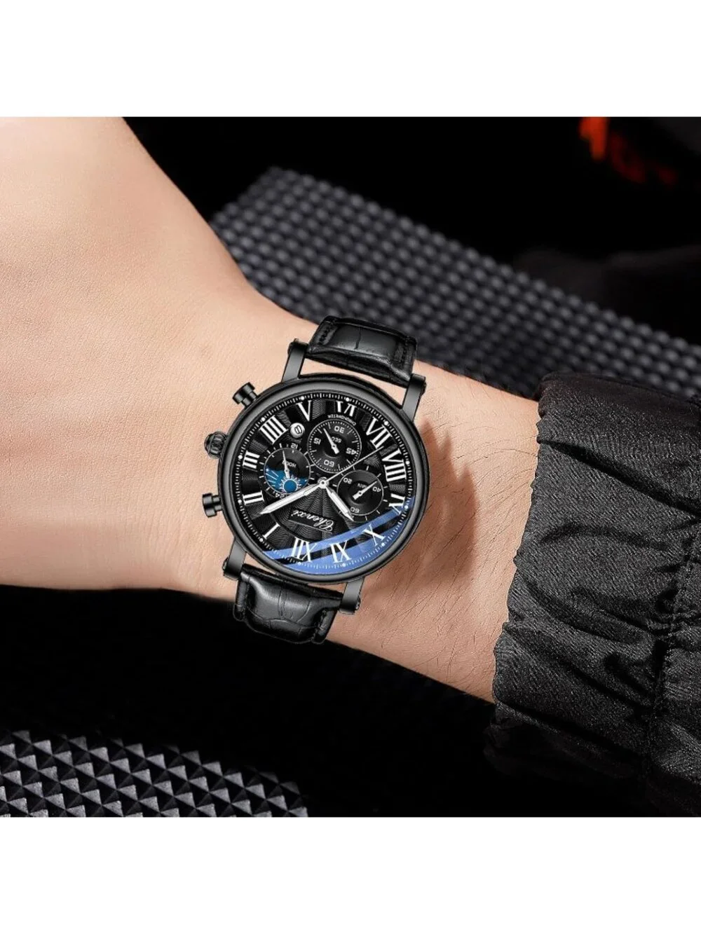 Men's Silver And Black Leather Multifunctional Military Analog Chronograph Watch